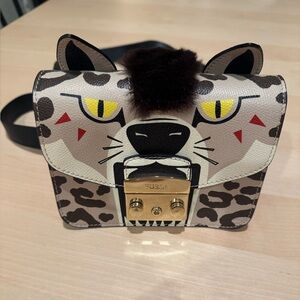Furla Leopard Face Leather Clutch Bag with Crossbody Strap
